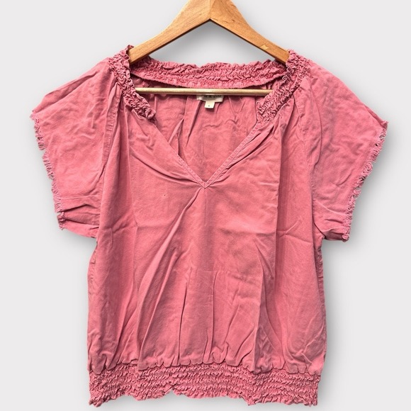 Relaxed Old Rose Plain Boho Neutral Chic Cuffed Sleeve‎ Smocked Blouse Sz L - Picture 2 of 11